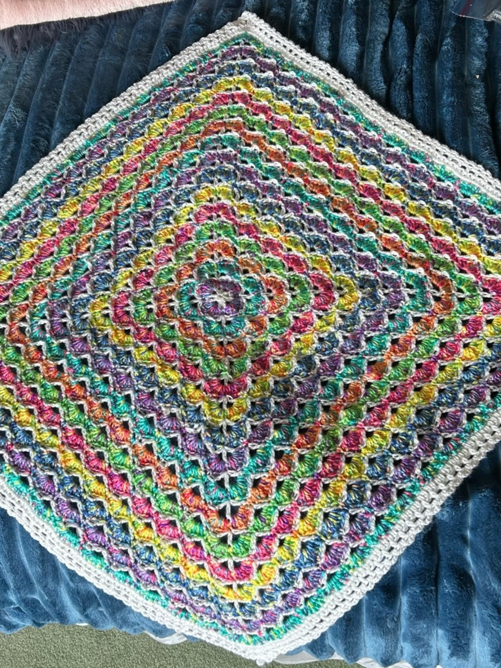 NWT Handmade Crochet Baby Blanket 30X30 Rainbow White Boarder